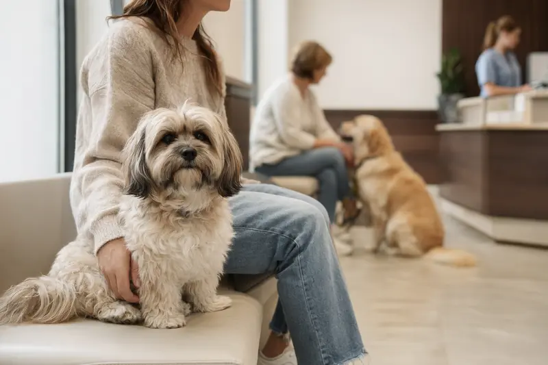 Ein Lhasa Apso sitzt ruhig neben seinem Besitzer im hellen Wartezimmer einer modernen Tierarztpraxis.